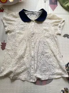 アイボリー レース 半袖シャツ ネイビー襟