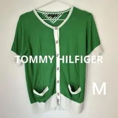 TOMMY HILFIGER グリーン ニットカーディガン 半袖 ボタン付きＭ