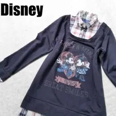 【美品】ディズニー Disney レイヤード シャツ チェック ミッキー ミニー