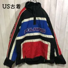 US古着ナイロンジャケットレーシングジャケットプルオーバーハーフジップ刺繍黒白赤