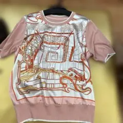シルク＆コットン新品 HERMES アートプリント ピンク/ホワイト/オレンジ