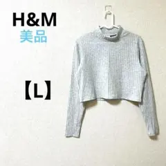 美品　エイチアンドエム【L】ハイネック　長袖カットソー　グレー　夏　ショート丈