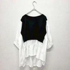 DOLLUPOOPS カットソー シャツ チュニック 重ね着風 白黒 M