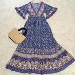Rusttydustty　ボダニカル　ロングワンピース　Vネック　青×ピンク　M