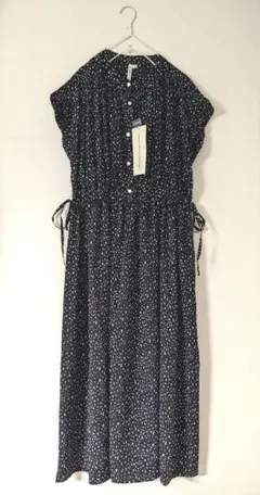 新品HK WORKS LONDON黒ドット柄バンドカラーシャツロングワンピースM