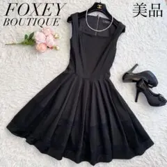 美品◆FOXEY フレアワンピース プリーツ レース刺繍 ブラック ひざ丈 38