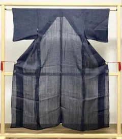 A 夏物 能登上布 ドット模様 紺色 麻 薄物 絽 紗 着物