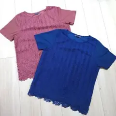 カットワーク　レース　デザイン 半袖T　シャツ 青 ピンク 2枚セット
