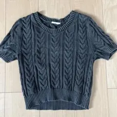 ダークグレー ケーブルニット 半袖セーター S
