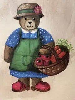 送料込み合板画壁掛けハットをかぶったクマさん野菜バスケット　トマト&キャロット