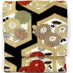 ［3562］袋帯 草花亀甲文様 金銀糸 六通 正絹 着物 フォーマル 黒