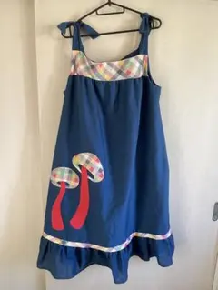 ヴィンテージ　ワンピース　きのこ　パッチワーク　古着　70s ギンガムチェック