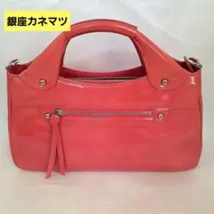 銀座カネマツピンク エナメルハンドバッグ ショルダーバック新品同様