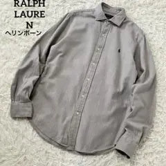 美品◎ラルフローレン ヘリンボーンシャツ グレー M ワイドカラー 胸ロゴ