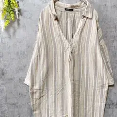 Redarista　七分袖チュニックシャツ　ストライプ　襟付き　キーネック　綿