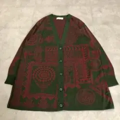 昭和レトロ壁画柄長袖カーディガン大きいサイズアースカラーダークカラー深緑赤古着