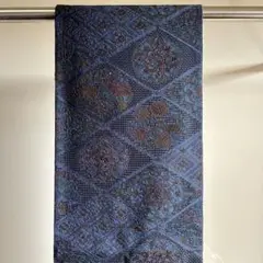 高級 正絹 中国明綴汕頭刺繍 袋帯 花柄 紺色 ネイビー