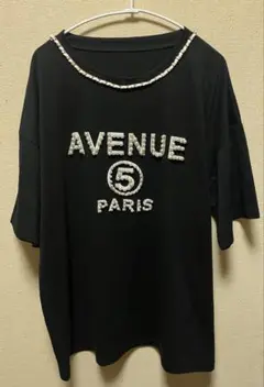 韓国/パール&チェーン/AVENUEロゴTシャツ/黒ブラック/Ｆ