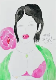 自画像ドローイング♡（おいで♡）A4水彩アクリル絵画原画抽象画