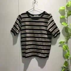 【ファヴォリ】半袖 トップス Tシャツ ボーダー柄 黒白緑茶色 Fサイズ