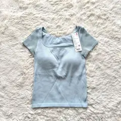 Y2 新品【ユニクロ】リブスクエアネックブラT 半袖　スリムフィット　水色　M