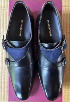 madras 黒＋一部ネイビー　ダブルモンクストラップシューズ