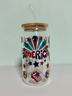 ガラス缶型カップ 蓋とストロー付き　400ml