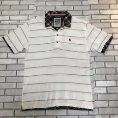 【セロニアス】ポロシャツ半袖 XL 白×赤のストライプ 襟＆袖にチェック柄