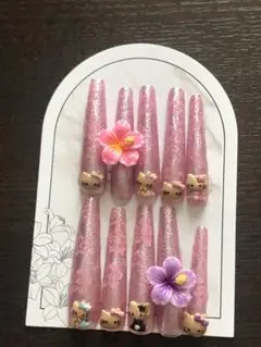 ピンクグリッターキャットネイルチップ10個セット