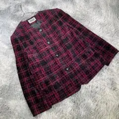 ヴィンテージ ノーカラーツイードジャケット 15号 大きいサイズ チェック