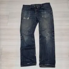 アバクロンビー&フィッチ　ダメージ加工 ストレートデニム ダークブルー