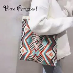 新品☆レディース ニットショルダー ネイティブ 柄 トートバッグ サブバッグ B