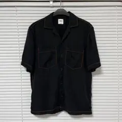 ZARA ザラ 半袖 オープンカラー シャツ ステッチ ブラック S