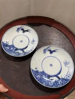 平戸 嘉祥 染付 波に鳥文皿 五客 平戸焼  古伊万里 アンティーク 工芸品 平戸 嘉祥 染付 波に鳥文皿 五客 平戸焼 古伊万里 アンティーク