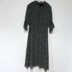 美品★マジェスティックレゴン 花柄ワンピース 黒 5分袖 ロング丈 裏地あり M