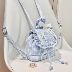水色チェック フリル付きバックパック