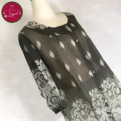 インド製 レトロ シャツ ブラウス 染め アート柄 シースルー 古着 緑 白