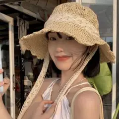 【emaan】レース紐付き 麦わら帽子