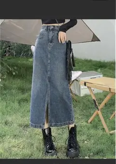 デニムロングスカート スリット入り