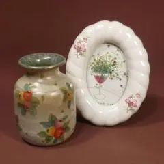 花柄 陶器 ミニ 花瓶とフォトフレーム セット 　　ｍ232