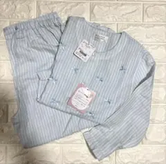 新品　ナルエー ダブルガーゼ リボン　ブルー　パジャマ 7分袖［M〜L］
