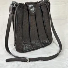 美品‼️ オーストリッチ　巾着型　ショルダーバッグ　ブラウン　ダークブラウン