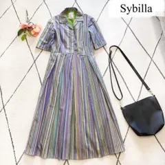 【美品】シビラ マルチストライプ シャツワンピース 半袖 裏地付き