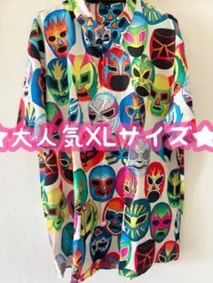 LUCHA LIBRE 覆面レスラー 総柄 アロハシャツ プロレスラー カラフル