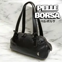 ペレボルサ 本革 ブラック ハンドバッグ ミニボストン型 シルバーロゴ シボ加工