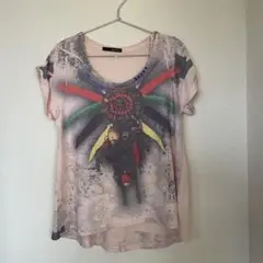 レトロTシャツ　 半袖Tシャツ ピンク　フェスなど　ドリームキャッチャー