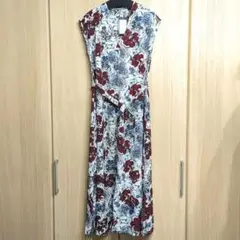 新品　花柄　プリント　ロング　ワンピース　ジレ　リボン　ノースリ　マキシ