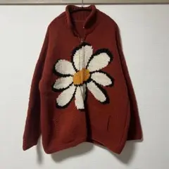 希少 エクアドル製 ハンドメイド ニット カーディガン パーカー 赤 花柄 希少 エクアドル製 ハンドメイド ニット カーディガン パーカー