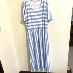 青と白のストライプ 半袖ロングワンピース