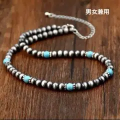 シルバーターコイズビーズネックレス　男女兼用　軽量　カジュアル